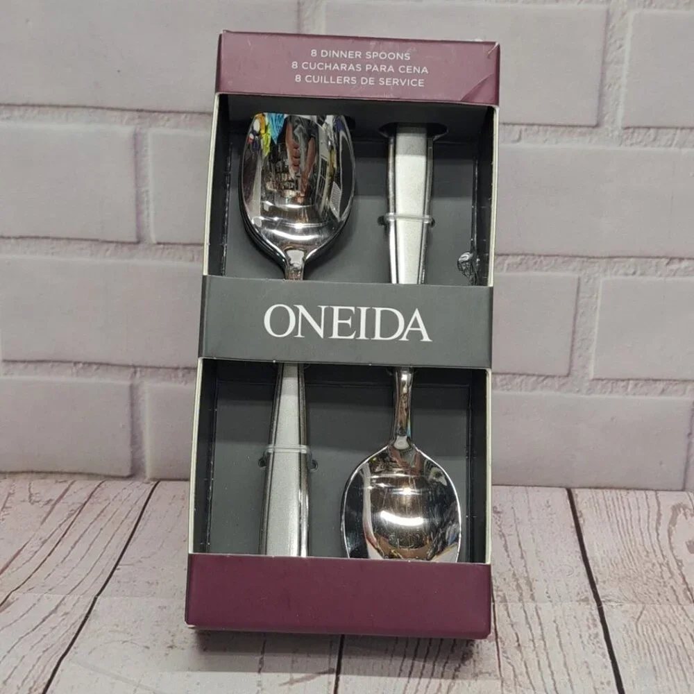 New Oneida Jordan 895451 Frosted‎ Stainless Silverware 8 Dinner Spoons 7.5”